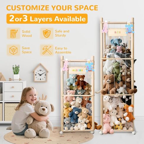 Stuffed Animal Storage Organizer, Wood Stuffed Animals Zoo Holder with Wheels, Extra Large Capacity Plusies Toy Cage with LED Lights, Space Save Toy Storage Tower for Nursery Playroom Kids Bedroom in Saudi Arabia