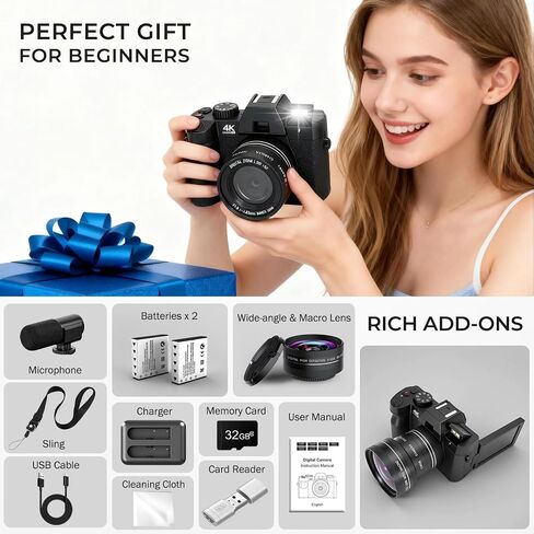 4K Digital Camera for Photography with WiFi Vlogging Camera for YouTube | Auto-Focus, Flip Screen, with Wide & Macro Lens, Microphone, MicroSD Card, Card Reader, 2 Batteries, Webcam Function in Saudi Arabia