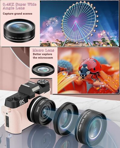 الكاميرات القاسية للتصوير الفوتوغرافي ، الكاميرا الرقمية 6K 64MP مع WiFi و Microphone لـ YouTuber ، كاميرا Vlogging 16x مع شاشة 180 درجة ، بطاقة 64 جيجابايت ، بطاريتين ، عدسة ماكرو وزاوية عريضة ، قارئ البطاقة in Kuwait