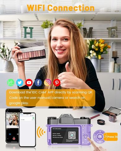 2024 ترقية كاميرا VJIANGER الرقمية للتصوير الفوتوغرافي وكاميرا تسجيل الفيديو لموقع YouTube مع WiFi، وشاشة قابلة للطي 180 درجة، وتكبير رقمي 16X، وعدسة 52 مم، وبطاريتين، وبطاقة SD صغيرة سعة 32 جيجابايت (أسود) in Kuwait