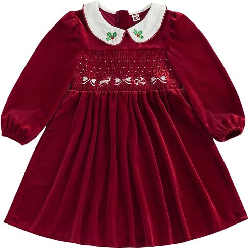 PUHHAPIEY Toddler Baby Girl Christmas Dress Velvet Smocked Long Sleeve Peter Pan Collar A Line Dress Cute Winter Clothes in Saudi Arabia