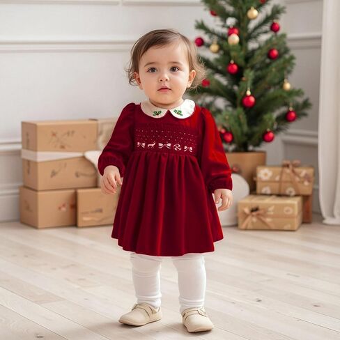 PUHHAPIEY Toddler Baby Girl Christmas Dress Velvet Smocked Long Sleeve Peter Pan Collar A Line Dress Cute Winter Clothes in Saudi Arabia
