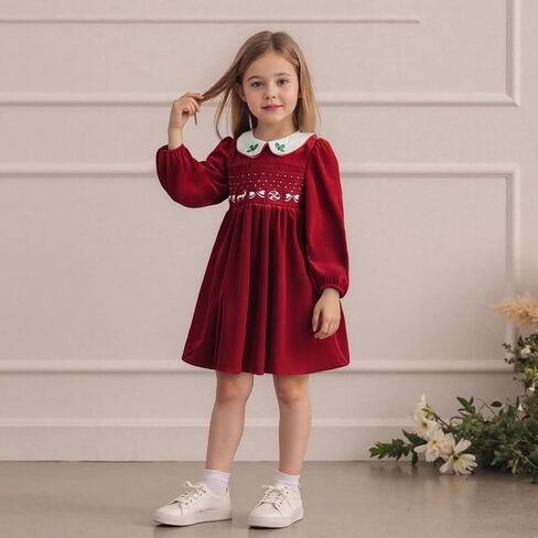 PUHHAPIEY Toddler Baby Girl Christmas Dress Velvet Smocked Long Sleeve Peter Pan Collar A Line Dress Cute Winter Clothes in Saudi Arabia