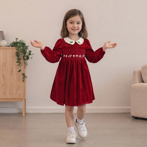 PUHHAPIEY Toddler Baby Girl Christmas Dress Velvet Smocked Long Sleeve Peter Pan Collar A Line Dress Cute Winter Clothes in Saudi Arabia