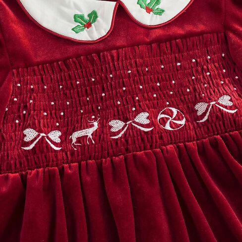 PUHHAPIEY Toddler Baby Girl Christmas Dress Velvet Smocked Long Sleeve Peter Pan Collar A Line Dress Cute Winter Clothes in Saudi Arabia