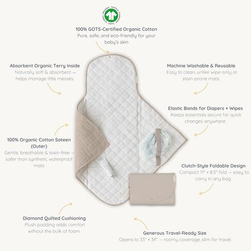 Organic Portable Changing Pad GOTS Certified Organic Cotton Fill Portable Diaper Changing Mat Diaper Clutch Changing Station Kit Compact Travel Pad (33"x34", Solid Pecan) in Saudi Arabia