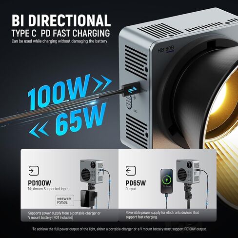 NEEWER 80W LED Video Light with 72Wh Battery & 100W PD Adapter APP/2.4G Control Portable Bi Color Mini COB Studio Continuous Output Lighting 25500lx/1m 2700-6500K 0-100% Dimming CRI95+ 13 Scene, HB80B in Saudi Arabia