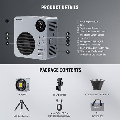 NEEWER 80W LED Video Light with 72Wh Battery & 100W PD Adapter APP/2.4G Control Portable Bi Color Mini COB Studio Continuous Output Lighting 25500lx/1m 2700-6500K 0-100% Dimming CRI95+ 13 Scene, HB80B in Saudi Arabia