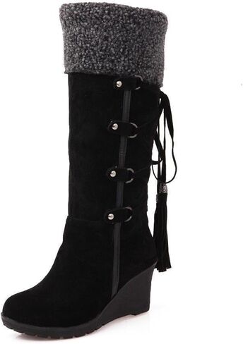 RiceelSor Women's Winter Fuzzy Collar Wedge The Knee Thigh Snow Boots Fully Fur Lined Warm Non-slip Comfortable Fringe Back Lace-Up Pull On High Boots in Saudi Arabia