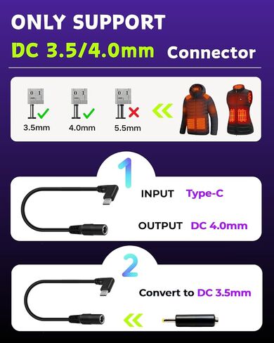 9V Heated Jacket Battery Step-Up Adapter Charger Cable for Heated Jackets,Hoodies,Vests,(Type C to DC4.0/3.5mm) Compatible with Milwaukee M12, Ororo,Venustas,Glaais,Makita, Soljikye in Saudi Arabia