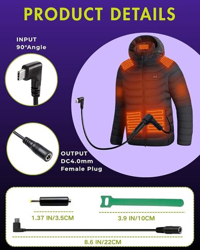 9V Heated Jacket Battery Step-Up Adapter Charger Cable for Heated Jackets,Hoodies,Vests,(Type C to DC4.0/3.5mm) Compatible with Milwaukee M12, Ororo,Venustas,Glaais,Makita, Soljikye in Saudi Arabia