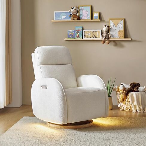 HULALA HOME Glider Recliner Nursery Chair with Adjustable Headrest and Lumbar Support, Modern Power Recliner with USB Port and Nightlight, Swivel Rocker Glider for Nursing Room Bedroom, White in Saudi Arabia