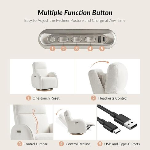 HULALA HOME Glider Recliner Nursery Chair with Adjustable Headrest and Lumbar Support, Modern Power Recliner with USB Port and Nightlight, Swivel Rocker Glider for Nursing Room Bedroom, White in Saudi Arabia