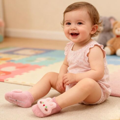 4 Pairs Baby Girl Socks with Non-Slip Grips,Cute Rabbit Low Cut Ankle Socks for Newborn Toddler Infants 0-6 Months in Saudi Arabia