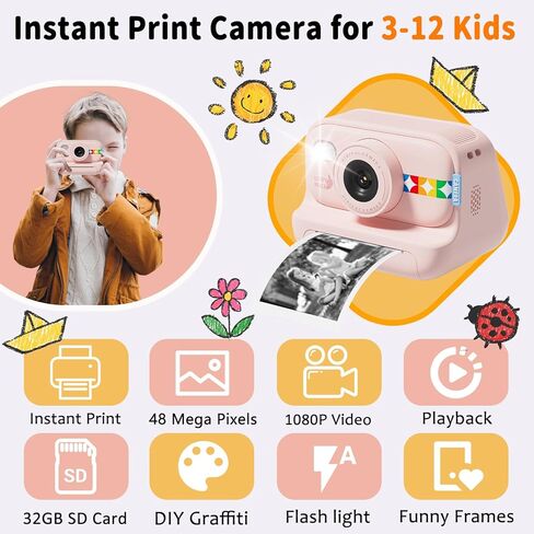 Instant Print Camera for Kids with 5 Color Print Paper, 48MP Photo 1080P Video, 21 Fun Frames, 32GB Card, Birthday for Girls Boys Age 3 4 5 6 7 8 9 10 11 12 Years Old Purple in Kuwait