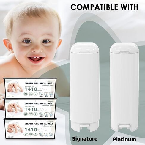 أكياس إعادة تعبئة سطل الحفاضات - متوافقة مع دلاء جيني إيزي رول المميزة والدلاء البلاتينية | كل 30 كيسًا تحمل ما يصل إلى 1410 حفاضة لحديثي الولادة | تقنية قفل الرائحة ذات 7 طبقات | 2 عبوة (60 كيس) in Kuwait