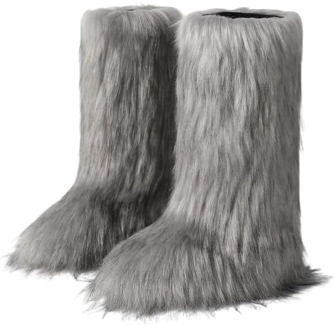 Women's Knee-High Faux Fur Boots - Furry Fluffy Warm Winter Snow Boots with Comfortable Round Toe for Cozy Outdoor and Indoor Use in Saudi Arabia