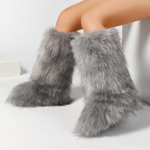 Women's Knee-High Faux Fur Boots - Furry Fluffy Warm Winter Snow Boots with Comfortable Round Toe for Cozy Outdoor and Indoor Use in Saudi Arabia