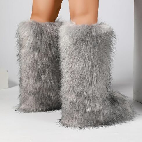Women's Knee-High Faux Fur Boots - Furry Fluffy Warm Winter Snow Boots with Comfortable Round Toe for Cozy Outdoor and Indoor Use in Saudi Arabia