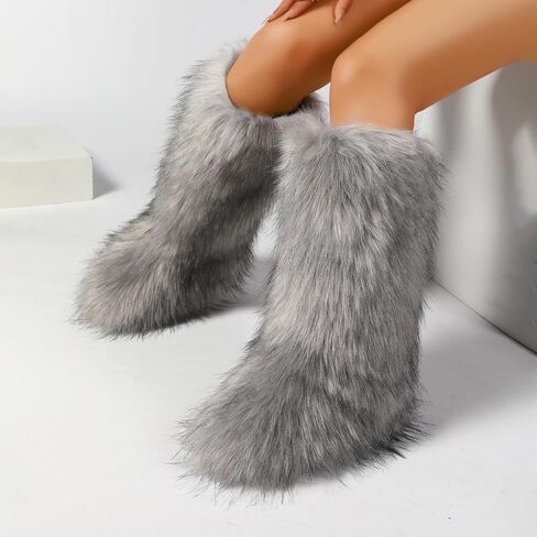 Women's Knee-High Faux Fur Boots - Furry Fluffy Warm Winter Snow Boots with Comfortable Round Toe for Cozy Outdoor and Indoor Use in Saudi Arabia