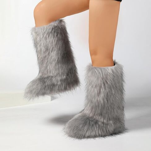 Women's Knee-High Faux Fur Boots - Furry Fluffy Warm Winter Snow Boots with Comfortable Round Toe for Cozy Outdoor and Indoor Use in Saudi Arabia