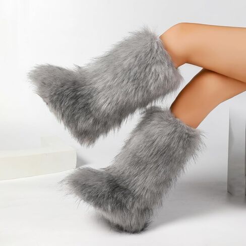 Women's Knee-High Faux Fur Boots - Furry Fluffy Warm Winter Snow Boots with Comfortable Round Toe for Cozy Outdoor and Indoor Use in Saudi Arabia