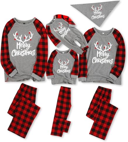 IFFEI Matching Family Pajamas Sets Christmas PJ's with Letter and Plaid Printed Long Sleeve Tee and Bottom Loungewear in Kuwait
