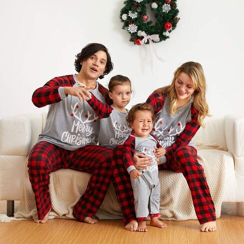 IFFEI Matching Family Pajamas Sets Christmas PJ's with Letter and Plaid Printed Long Sleeve Tee and Bottom Loungewear in Kuwait