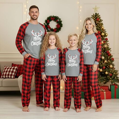 IFFEI Matching Family Pajamas Sets Christmas PJ's with Letter and Plaid Printed Long Sleeve Tee and Bottom Loungewear in Kuwait