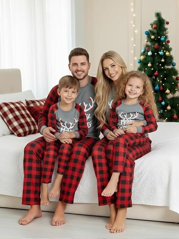 IFFEI Matching Family Pajamas Sets Christmas PJ's with Letter and Plaid Printed Long Sleeve Tee and Bottom Loungewear in Kuwait