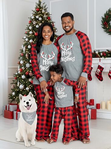 IFFEI Matching Family Pajamas Sets Christmas PJ's with Letter and Plaid Printed Long Sleeve Tee and Bottom Loungewear in Kuwait