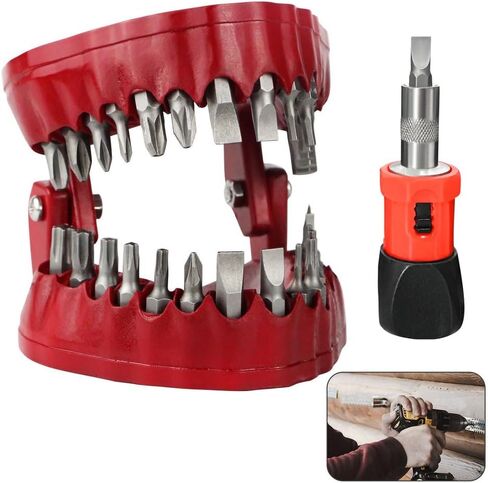 Denture Drill Bit Holder, Dentist Gag gift, 3D Sculptured Tabletop decoration, 1/4 "hex screwdriver, 2-in-1 screwdriver and tabletop gadget, magnetic gum with 28PCS Bits in Saudi Arabia