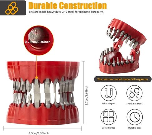 Denture Drill Bit Holder, Dentist Gag gift, 3D Sculptured Tabletop decoration, 1/4 "hex screwdriver, 2-in-1 screwdriver and tabletop gadget, magnetic gum with 28PCS Bits in Saudi Arabia