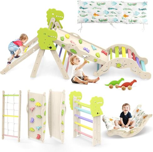 Pikler Triangle Set with Cushion, 12 in 1 Toddler Montessori Toys Indoor Baby Climbing Gym Pikler Triangle Climbing Set Wooden Toy Climbing Rope Ladder, Shape Sorter, Push Car 【Dinosaur Toys】 in Saudi Arabia