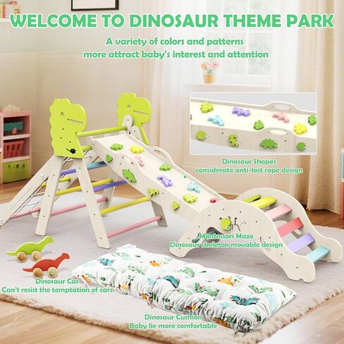 Pikler Triangle Set with Cushion, 12 in 1 Toddler Montessori Toys Indoor Baby Climbing Gym Pikler Triangle Climbing Set Wooden Toy Climbing Rope Ladder, Shape Sorter, Push Car 【Dinosaur Toys】 in Saudi Arabia