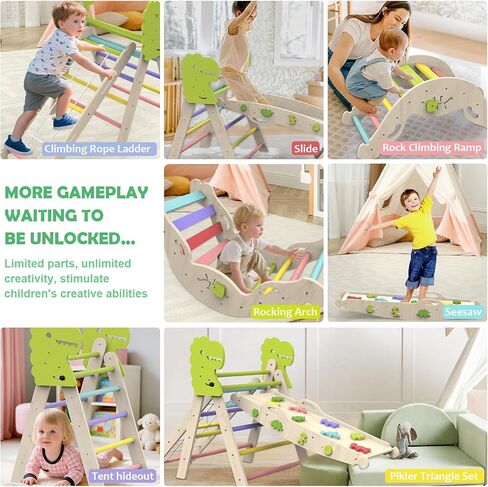 Pikler Triangle Set with Cushion, 12 in 1 Toddler Montessori Toys Indoor Baby Climbing Gym Pikler Triangle Climbing Set Wooden Toy Climbing Rope Ladder, Shape Sorter, Push Car 【Dinosaur Toys】 in Saudi Arabia