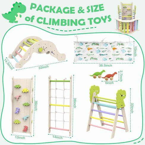 Pikler Triangle Set with Cushion, 12 in 1 Toddler Montessori Toys Indoor Baby Climbing Gym Pikler Triangle Climbing Set Wooden Toy Climbing Rope Ladder, Shape Sorter, Push Car 【Dinosaur Toys】 in Saudi Arabia