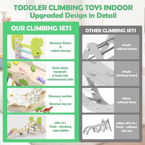Pikler Triangle Set with Cushion, 12 in 1 Toddler Montessori Toys Indoor Baby Climbing Gym Pikler Triangle Climbing Set Wooden Toy Climbing Rope Ladder, Shape Sorter, Push Car 【Dinosaur Toys】 in Saudi Arabia