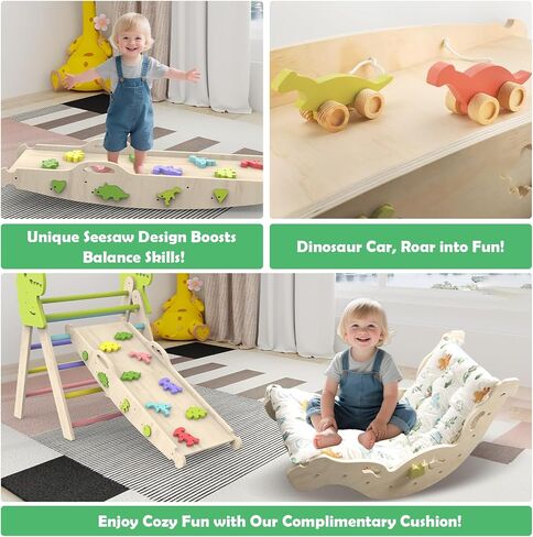Pikler Triangle Set with Cushion, 12 in 1 Toddler Montessori Toys Indoor Baby Climbing Gym Pikler Triangle Climbing Set Wooden Toy Climbing Rope Ladder, Shape Sorter, Push Car 【Dinosaur Toys】 in Saudi Arabia