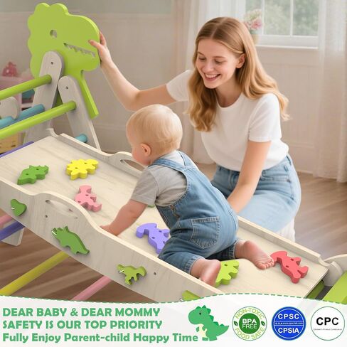 Pikler Triangle Set with Cushion, 12 in 1 Toddler Montessori Toys Indoor Baby Climbing Gym Pikler Triangle Climbing Set Wooden Toy Climbing Rope Ladder, Shape Sorter, Push Car 【Dinosaur Toys】 in Saudi Arabia