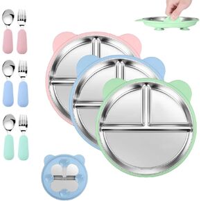 6 Pcs Stainless Steel Toddler Plates with Spoons & Forks, Silicone Suction Baby Plates, Stainless Steel Kids Plates, Baby Feeding Set in Saudi Arabia
