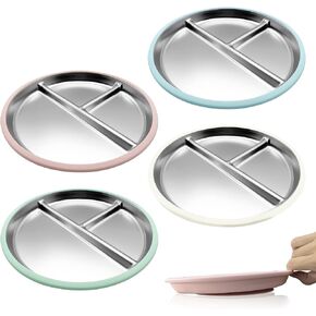 Stainless Steel Kids Plates with Suction (4 Pack, Multicolor) –9 Inch Divided Toddler Plates with Extra-Large One-Piece Silicone Suction Base | Dinner & Snack Plates | BPA-Free in Saudi Arabia