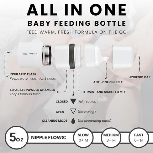 MILK & WATER All in One Baby Bottle & Baby Formula Dispenser On The Go, 9oz - Keeps Water Warm & Formula Fresh - Baby Formula Mixing Bottle with Anti Colic Nipple - Leak-Proof - 6+ Months (White) in Saudi Arabia