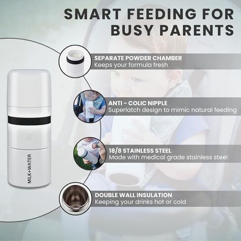 MILK & WATER All in One Baby Bottle & Baby Formula Dispenser On The Go, 9oz - Keeps Water Warm & Formula Fresh - Baby Formula Mixing Bottle with Anti Colic Nipple - Leak-Proof - 6+ Months (White) in Saudi Arabia