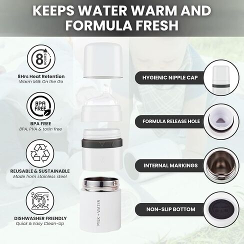 MILK & WATER All in One Baby Bottle & Baby Formula Dispenser On The Go, 9oz - Keeps Water Warm & Formula Fresh - Baby Formula Mixing Bottle with Anti Colic Nipple - Leak-Proof - 6+ Months (White) in Saudi Arabia