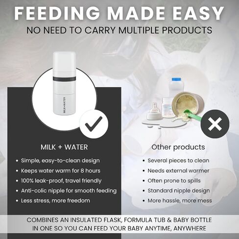 MILK & WATER All in One Baby Bottle & Baby Formula Dispenser On The Go, 9oz - Keeps Water Warm & Formula Fresh - Baby Formula Mixing Bottle with Anti Colic Nipple - Leak-Proof - 6+ Months (White) in Saudi Arabia