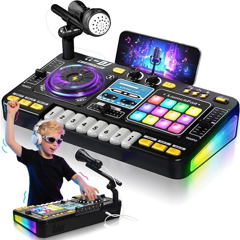 DJ Mixer for Kids, Toddler DJ Mixing Table with DJ Turntable, Game Mode, Light & Speed Control and Microphone, Gifts for 3 4 5 6 Years Old Boys Girls - Kid DJ Mixer Set in Kuwait