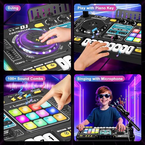 DJ Mixer for Kids, Toddler DJ Mixing Table with DJ Turntable, Game Mode, Light & Speed Control and Microphone, Gifts for 3 4 5 6 Years Old Boys Girls - Kid DJ Mixer Set in Kuwait