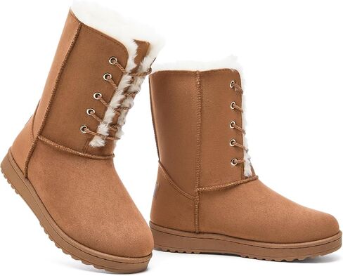 Women's Mid-Calf Boots Fur Lined Warm Winter Boots Cute Lace up Womens Snow Boot for the Cold in Kuwait
