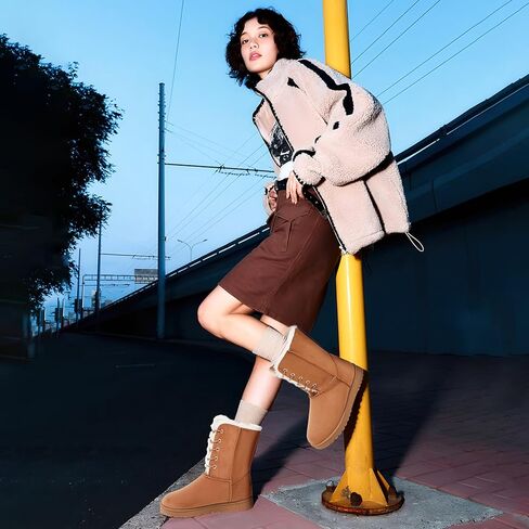 Women's Mid-Calf Boots Fur Lined Warm Winter Boots Cute Lace up Womens Snow Boot for the Cold in Kuwait